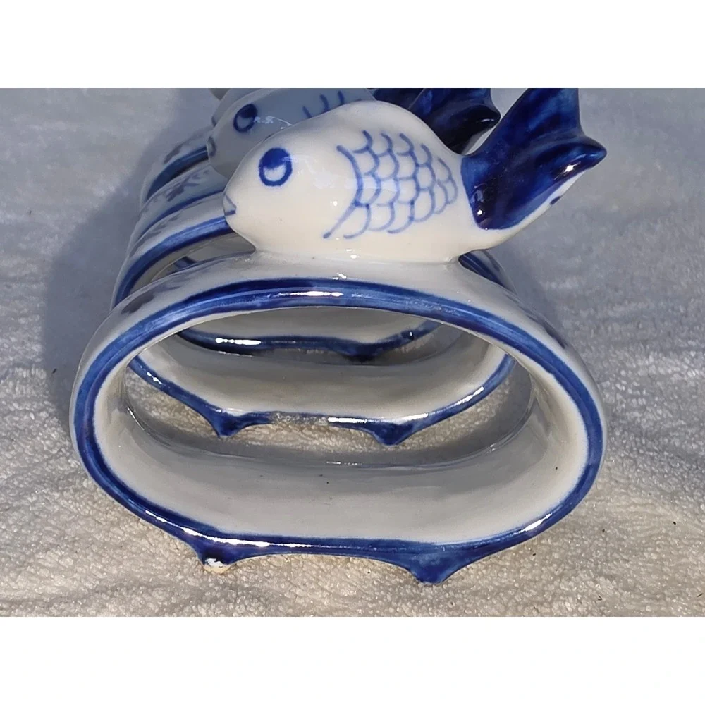 Vintage Blue and White Ceramic Fish Napkin Rings Set of 4 Thailand Coastal Decor